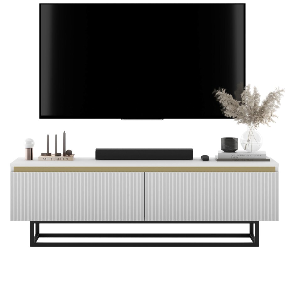 Nowoczesna Szafka RTV Glamour Komoda RTV Biały Mat 140 cm czarny stelaż