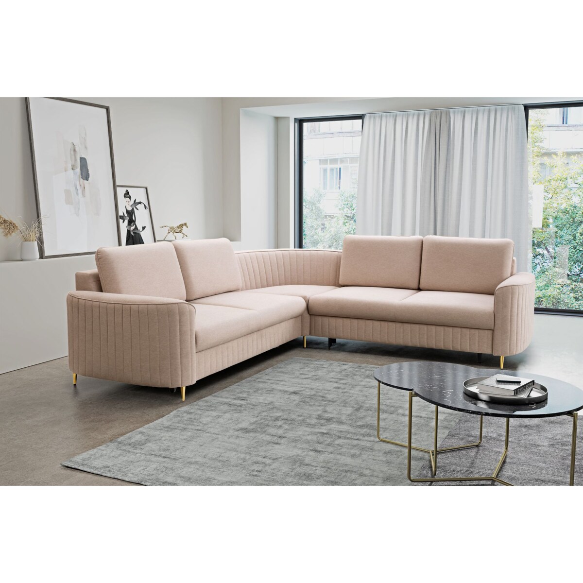 Narożnik z funkcją spania i pojemnikiem na pościel LOREN, beżowy