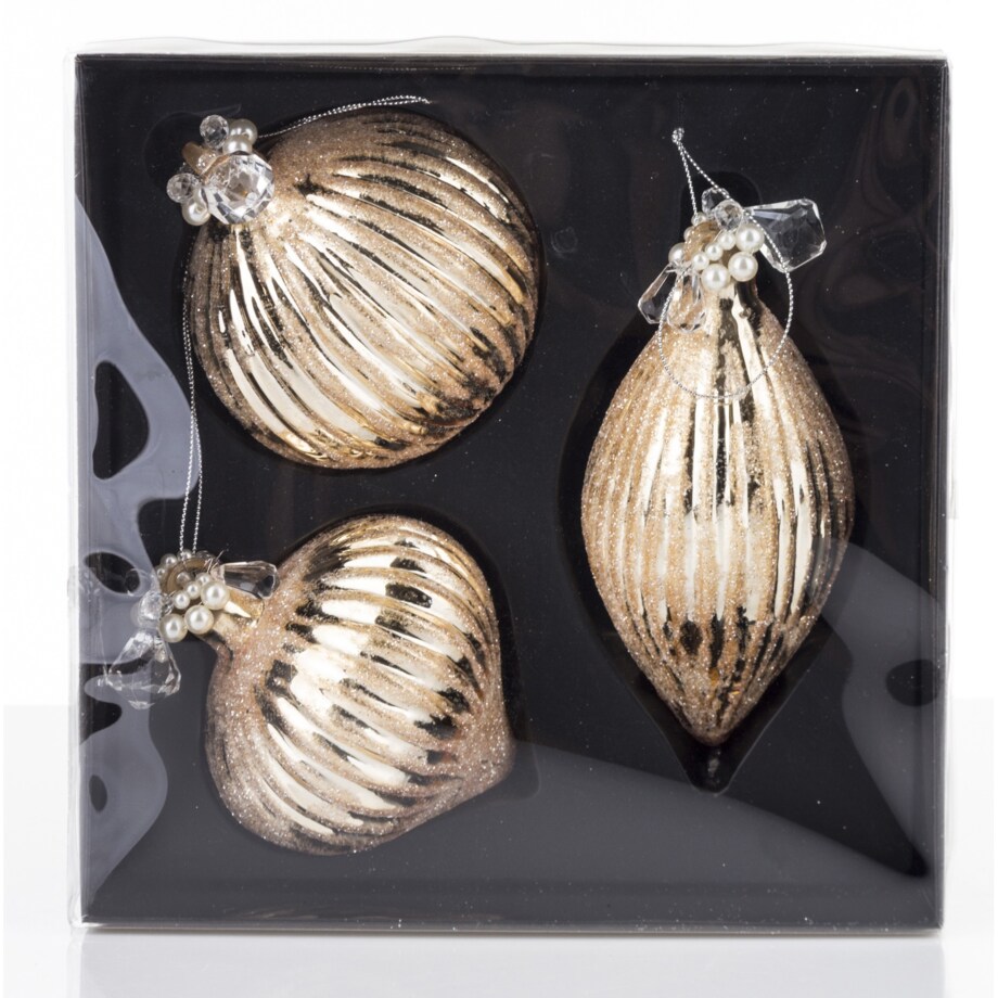 Bombka szklana 3 szt. złota z perełkami