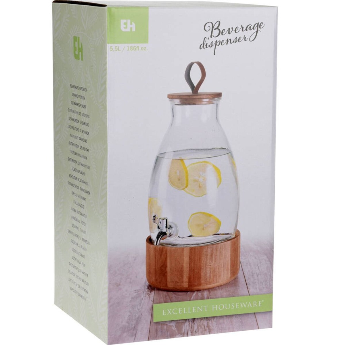 Dozownik do napojów z kranikiem, 5,5 L, drewniany stojak