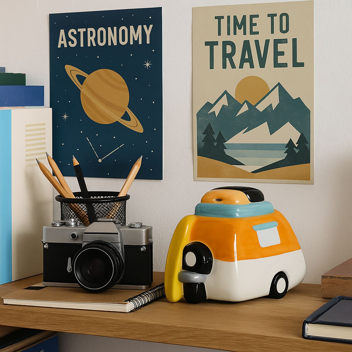 Kolorowa skarbonka ceramiczna z motywem podróży