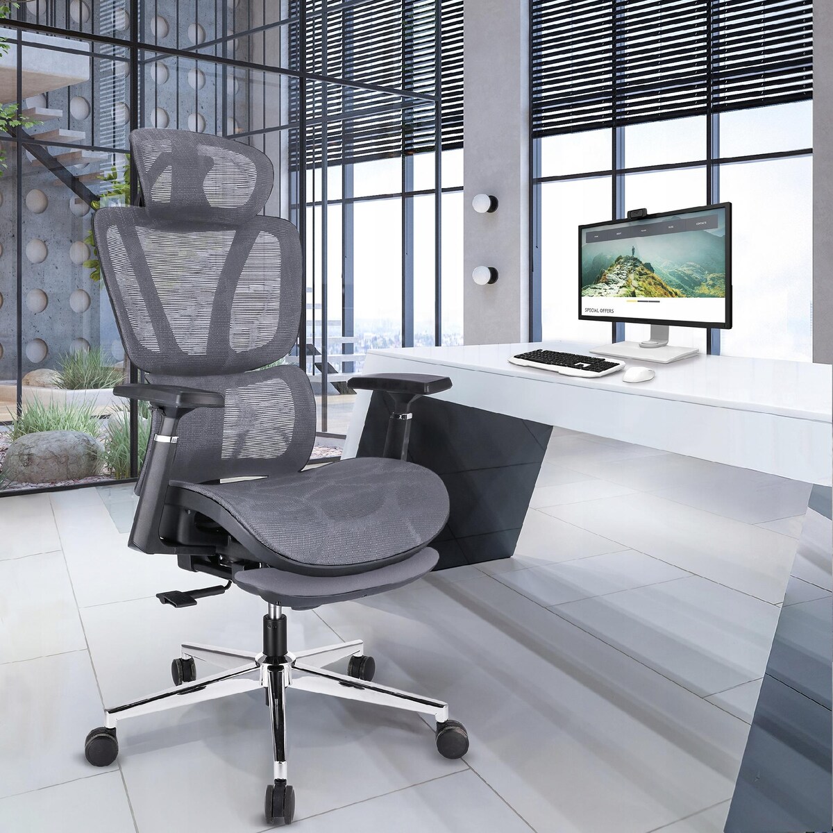 Fotel biurowy ergonomiczny NEOVA szary z podnóżkiem