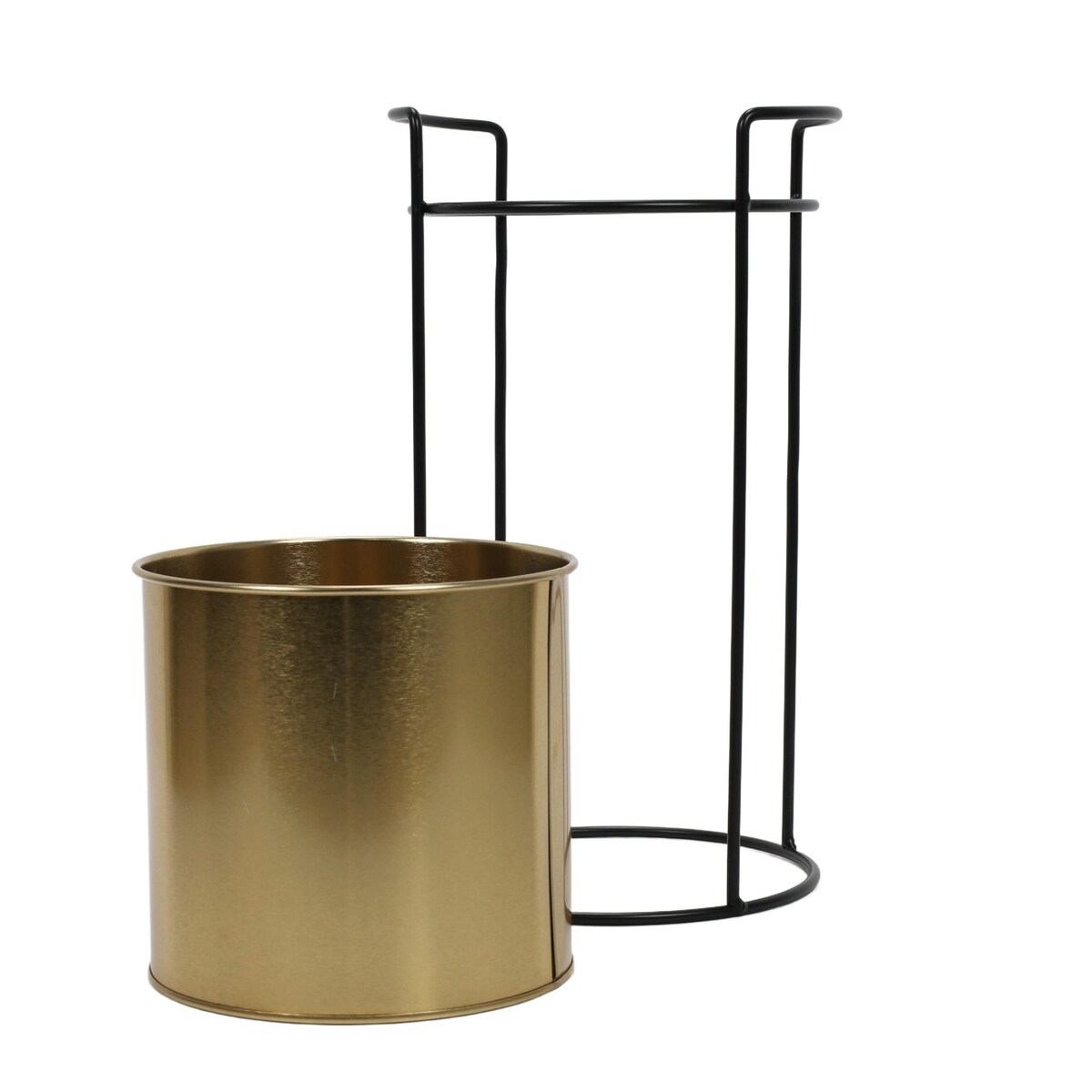 Złota doniczka, metalowa, na stojaku, wys. 31 cm