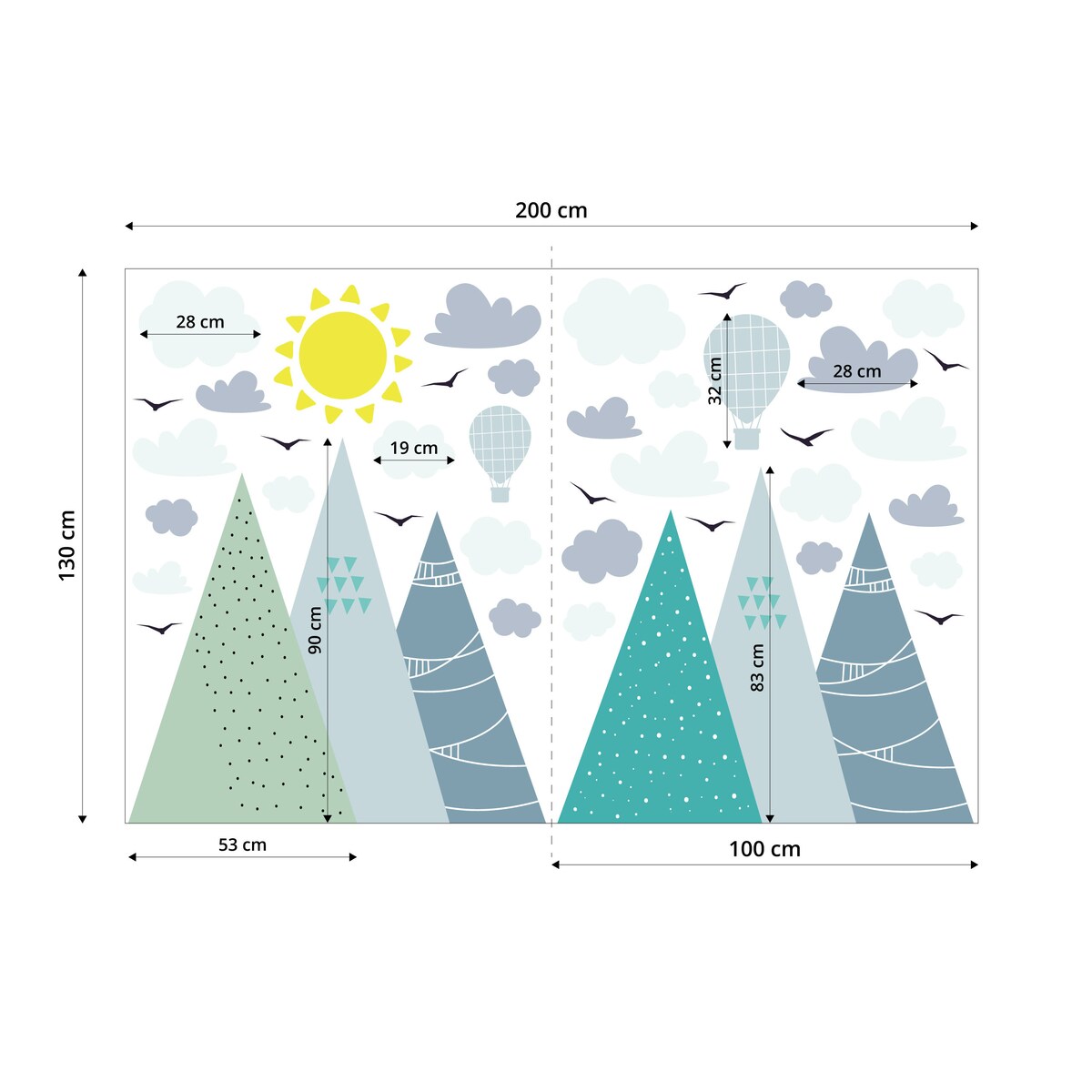 ZESTAW NAKLEJEK NA ŚCIANĘ DLA DZIECI GÓRY BALONY CHMURY PTAKI STYL BOHO