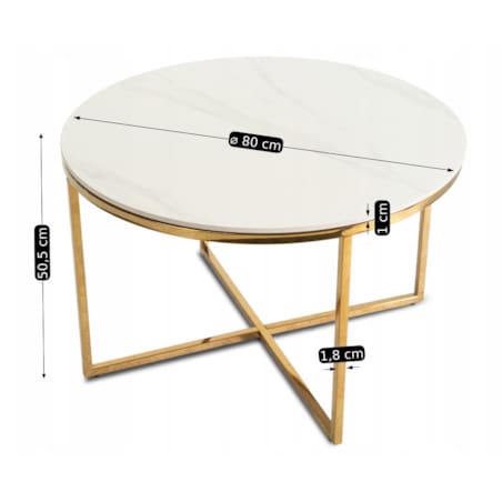 Stolik Kawowy Okrągły Złoty Ława Glamour Biały Połysk Marmur MARINE