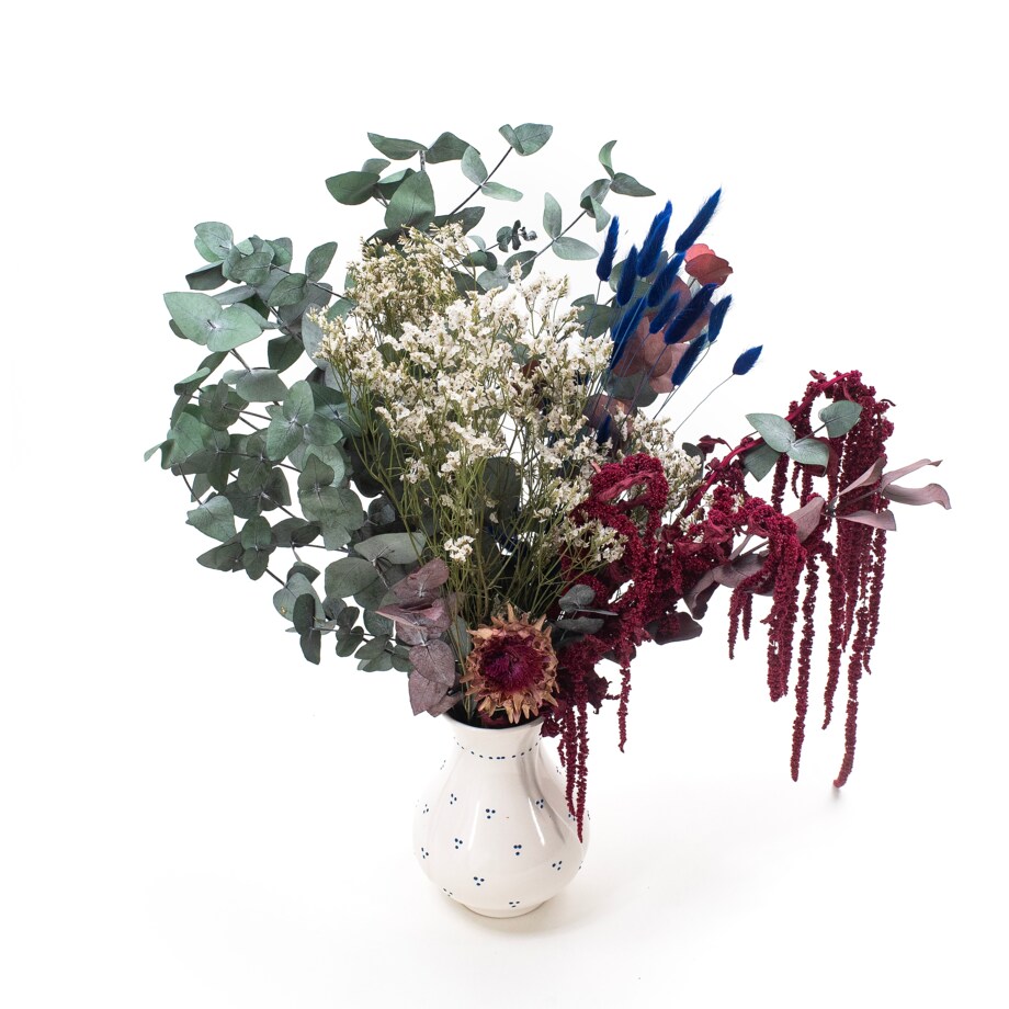 Bukiet suszonych kwiatów Wintertide - szarłat, eukaliptus, limonium