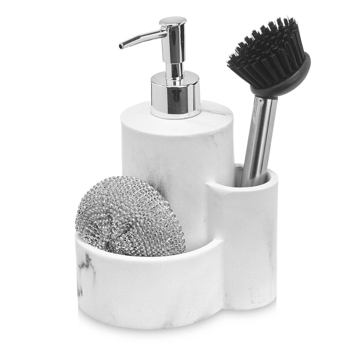 Dozownik do płynu do naczyń, wzór marmuru, szczotka + druciak