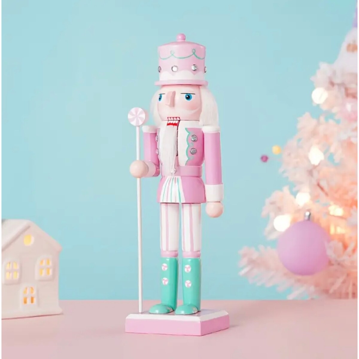 Dziadek do orzechów PASTELOWY różowy figurka świąteczna 25 cm