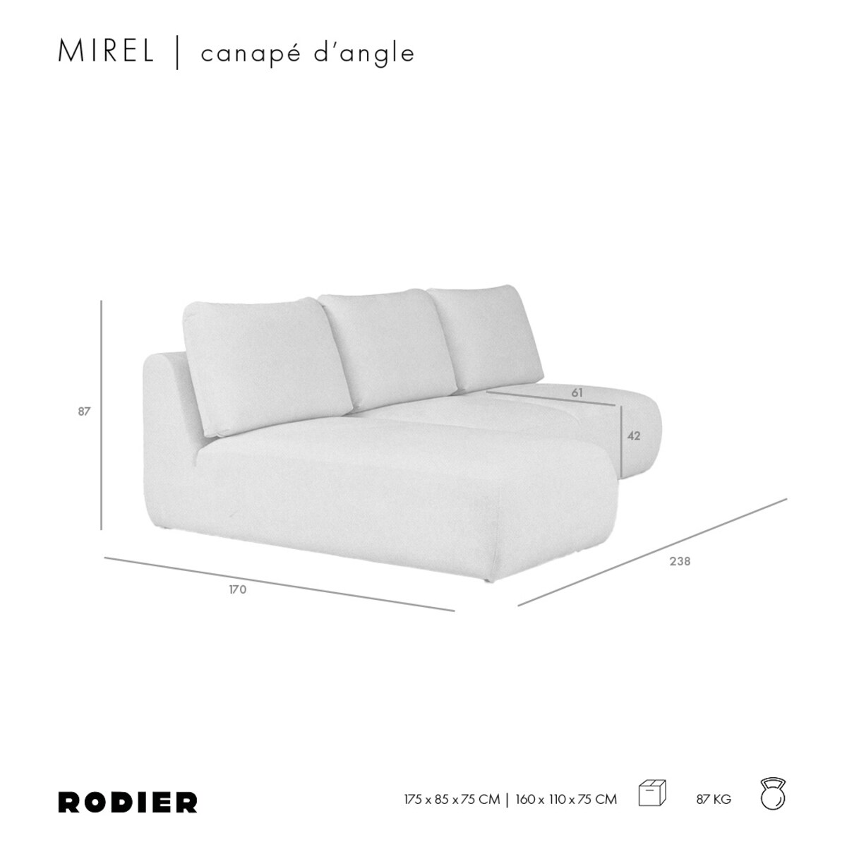 Mirel Sofa narożna lewa bez podłokietników kremowa