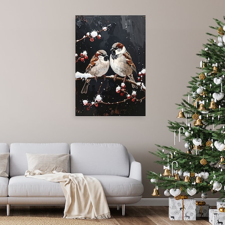 Obraz do salonu kuchni biura, Ptaki siedzące nocą na gałęzi w zimie