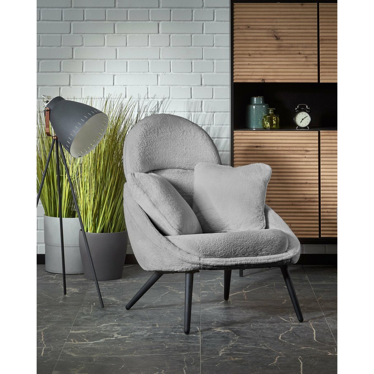 FOTEL WYPOCZYNKOWY Gloris pluszowy szary DWIE PODUSZKI