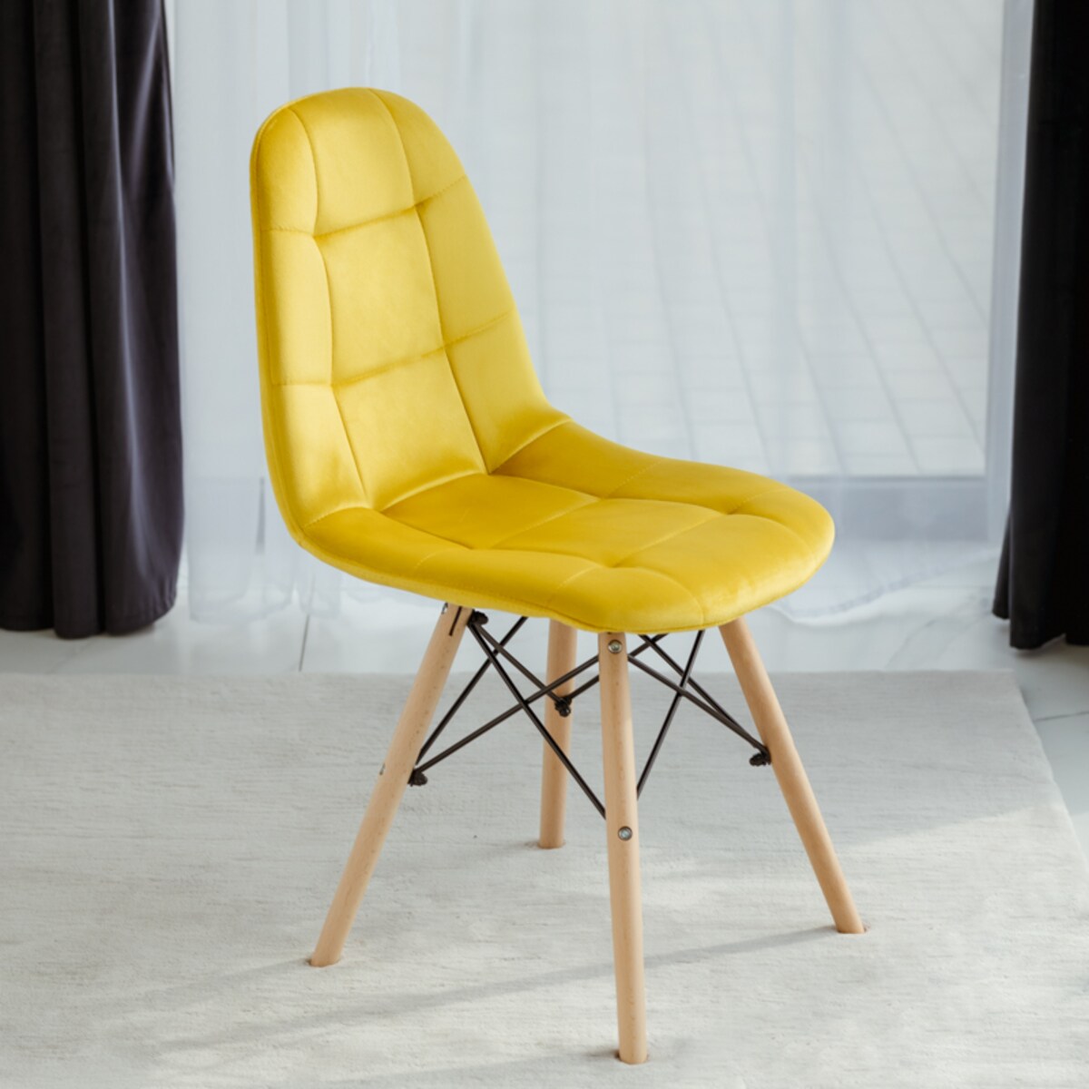 Krzesło tapicerowane welurowe skandynawskie żółte nowoczesne