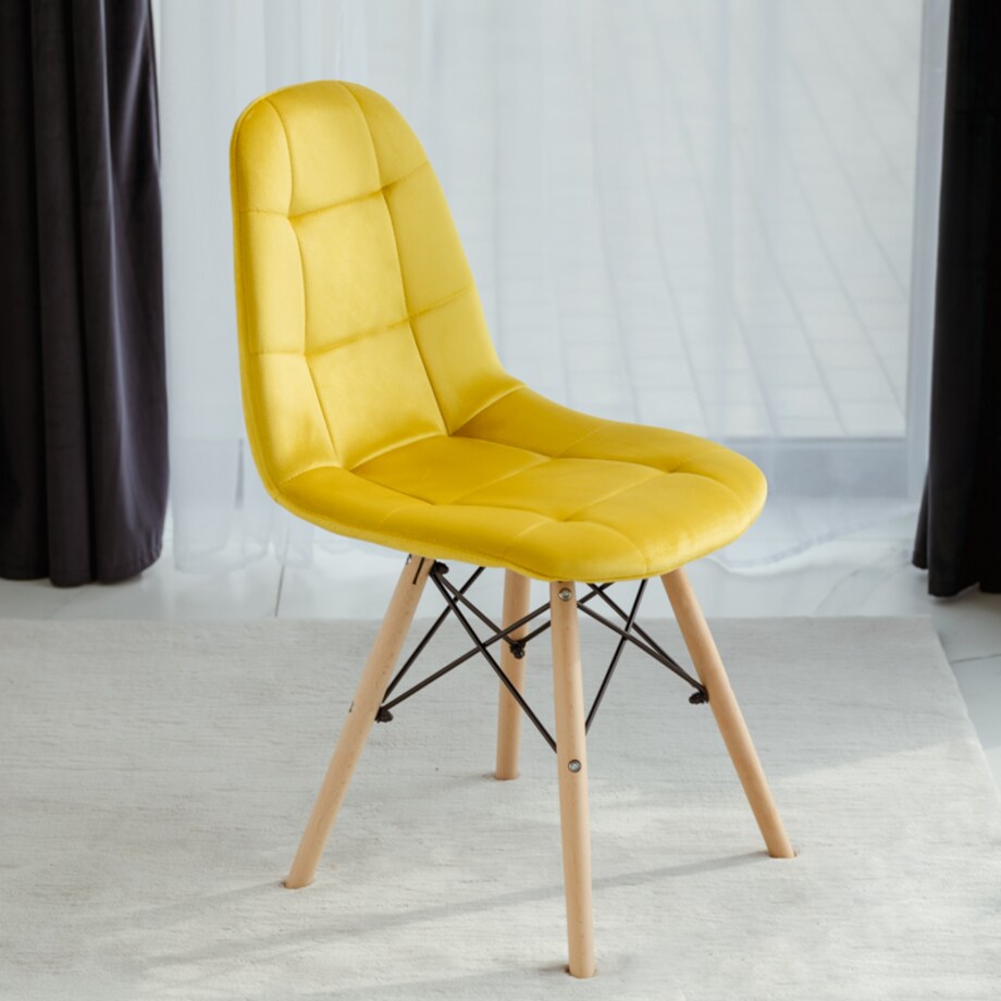 Krzesło tapicerowane welurowe skandynawskie żółte nowoczesne