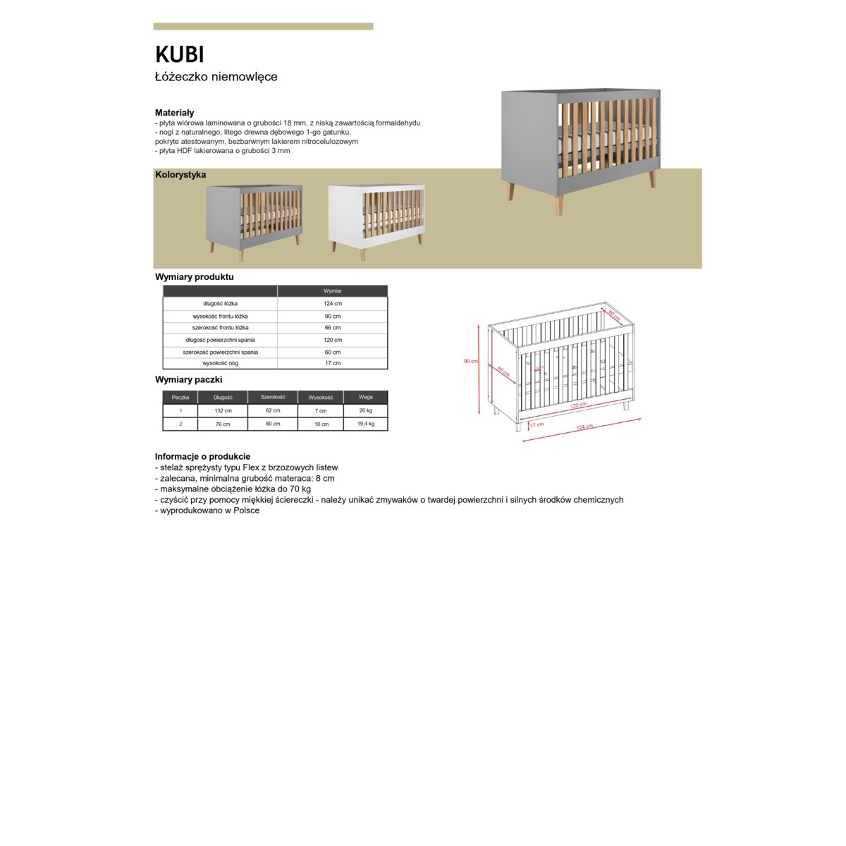 Łóżko Kubi białe niemowlęce bez szuflady bez materaca 124/66