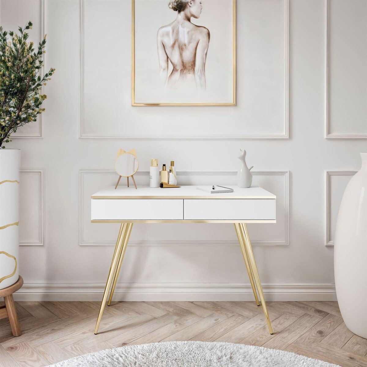 Konsola OXFORD z szufladami na złotym stelażu, biały mat