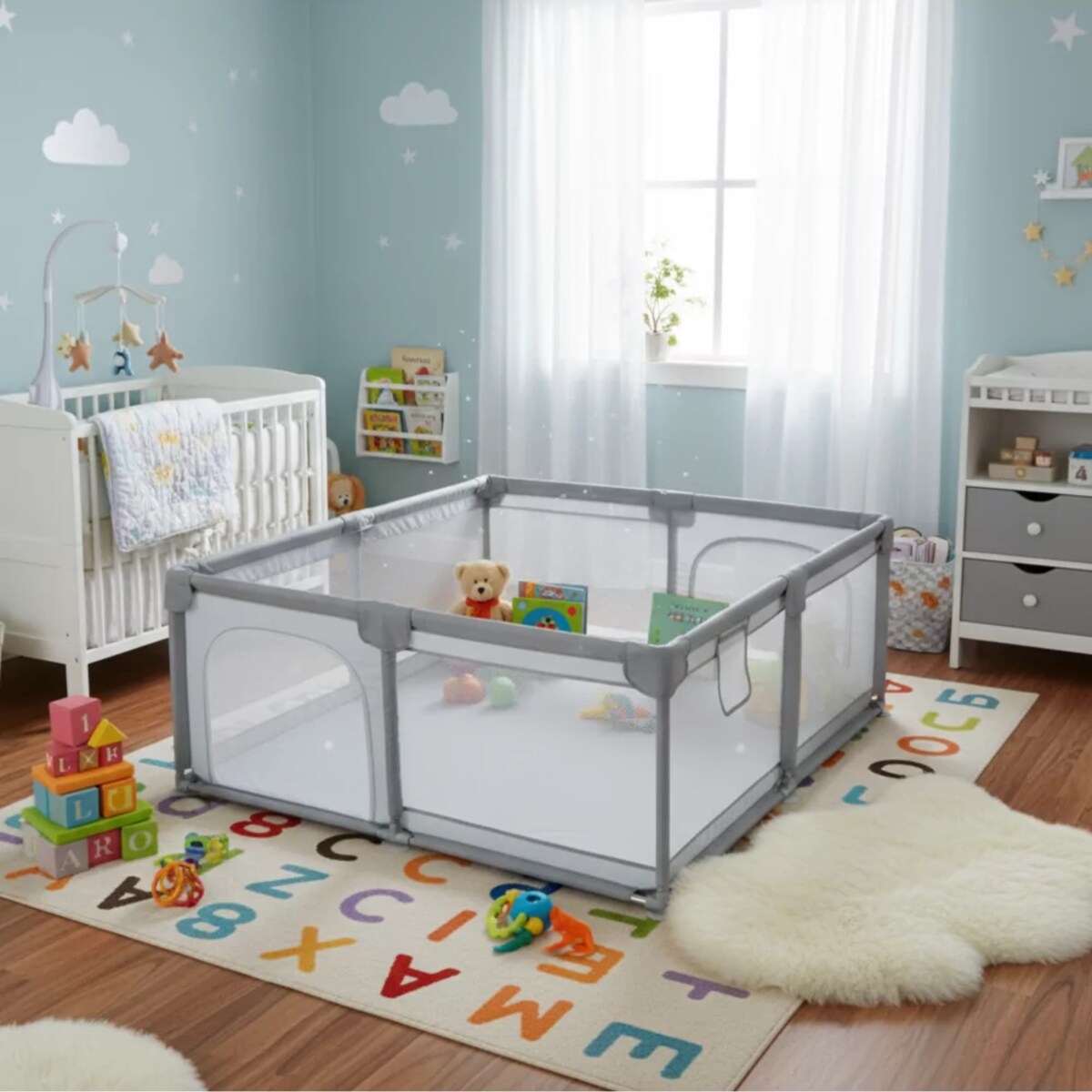 Kojec dla dziecka 180x200 cm suchy basen plac zabaw szary + piłki + torba