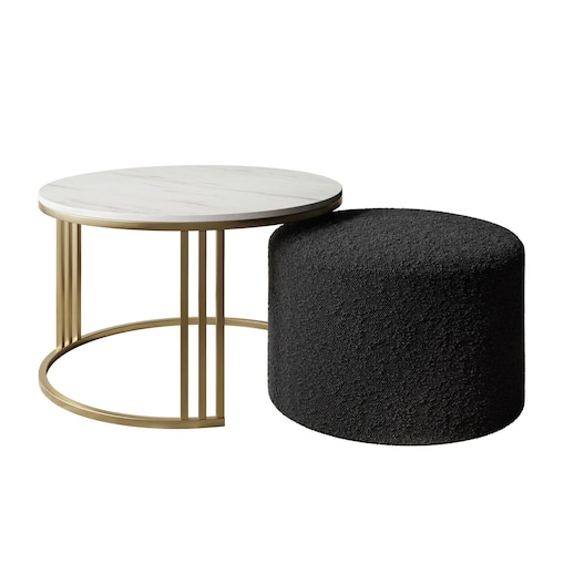 Stolik kawowy z pufą LORI MAT złoto szczotkowane, Marmur Levanto / Coral 60