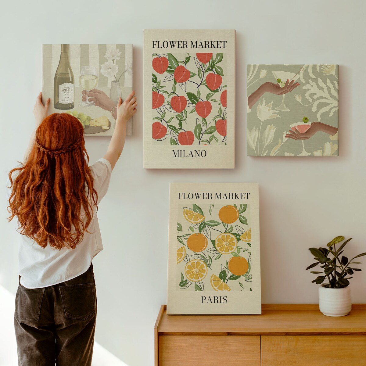 Zestaw 4 obrazów na płótnie - Kwiaty wino Mediolan Paryż - beżowy