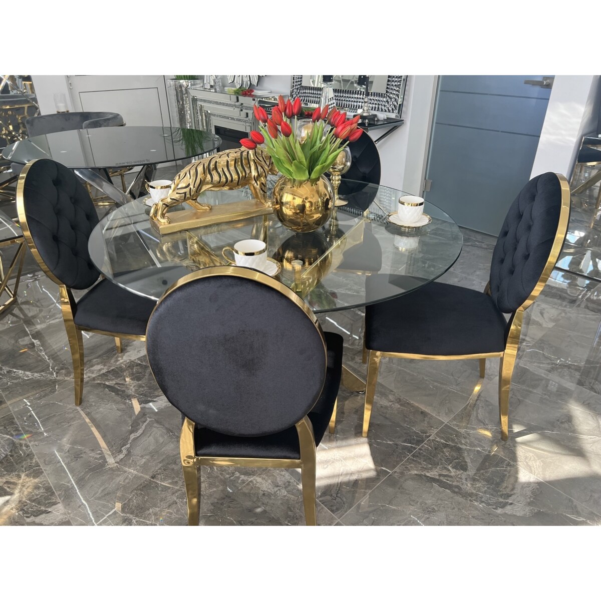 Stół okrągły Nordic złoty z szybą przeźroczystą 120x75