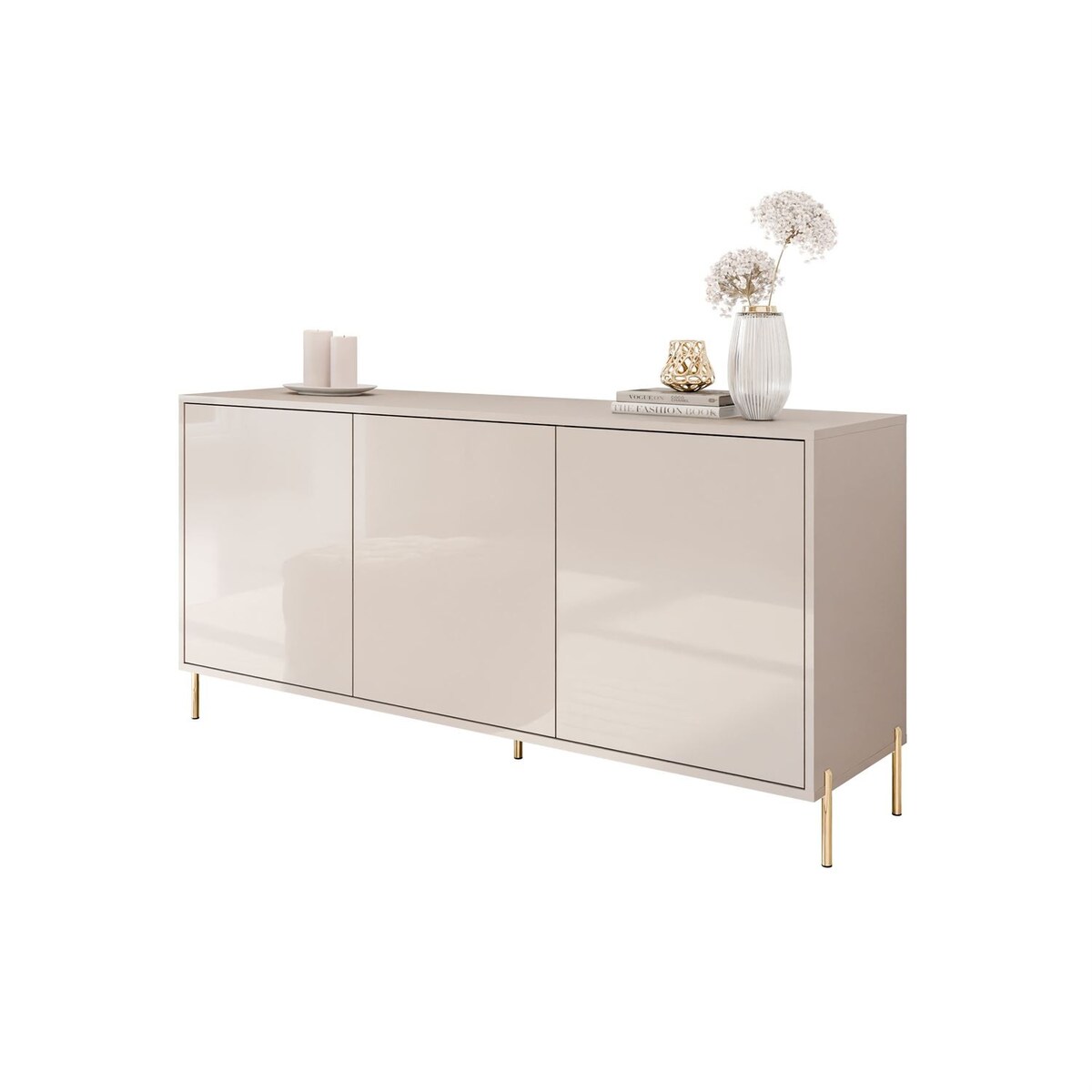 Trzydrzwiowa komoda SANAYI na wysokich, prostych, złotych nóżkach, kaszmir połysk