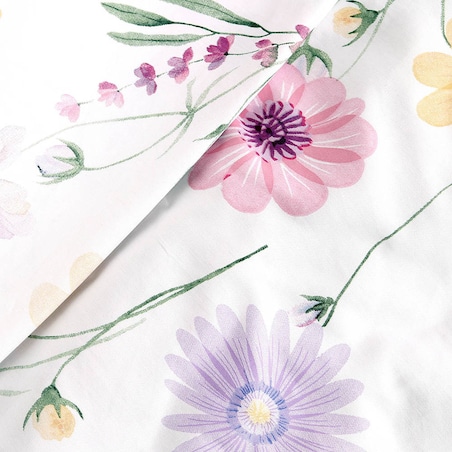 Pościel satyna bawełniana 140x200 Vellia biała w pastelowe kolorowe kwiaty akwarelowe, Satynlove