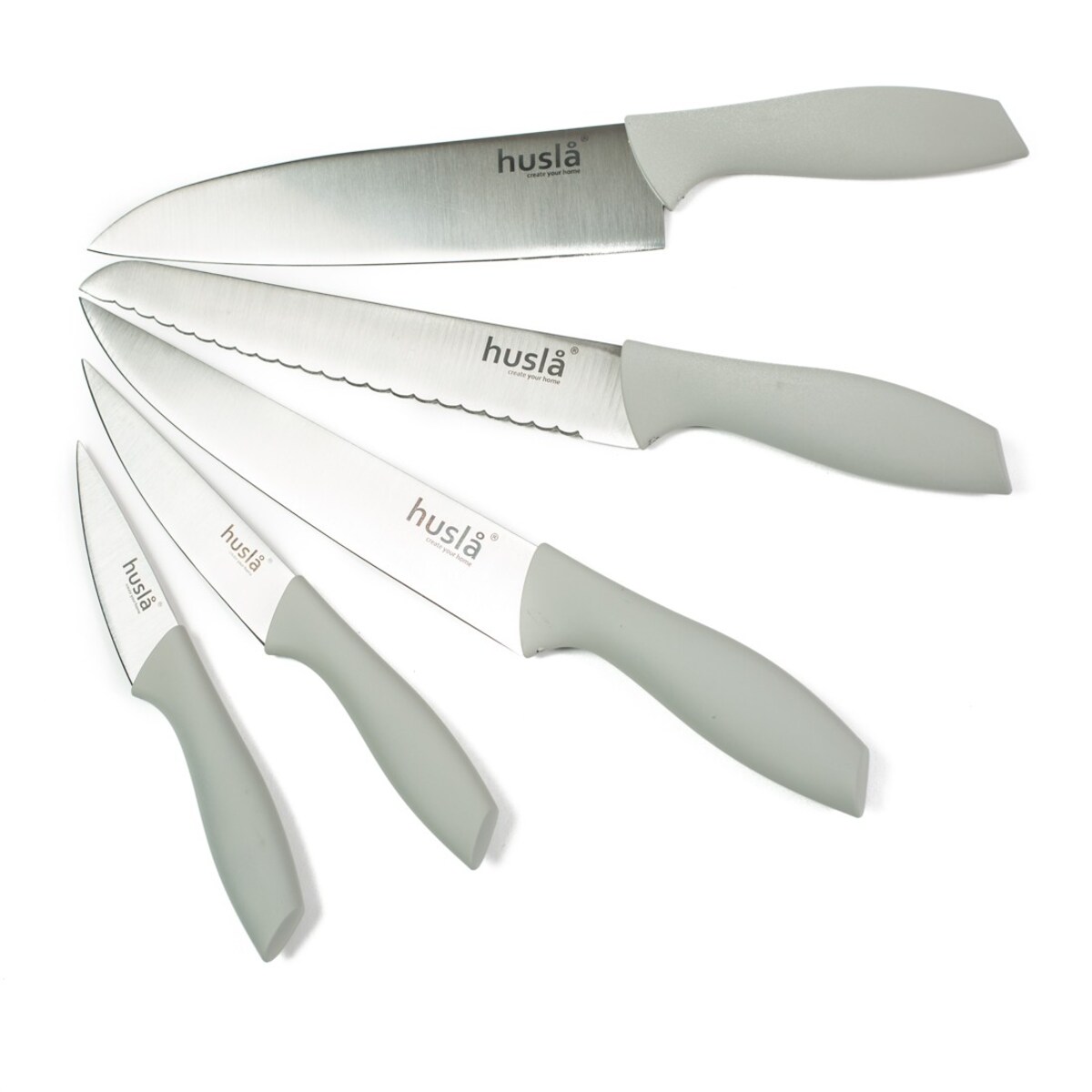 Zestaw 5 noży w bloku plastikowym z elementami drewna akacjowego Szary HUSLA