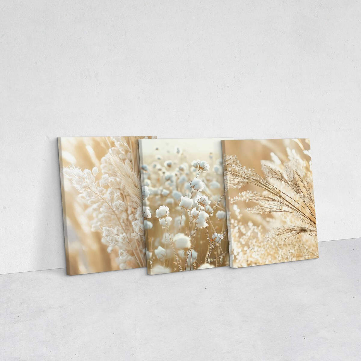 3x Obraz Ścienny Do Salonu Set Trawa Pampasowa Bawełna Boho Natura 30x40cm