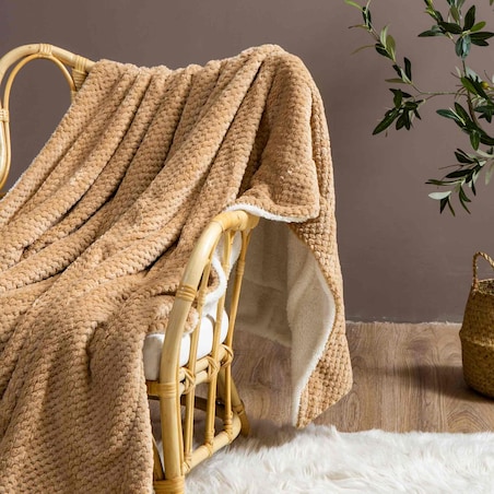 Beżowy Koc Narzuta z Mikrofibry Baranek 150x200 Sherpa