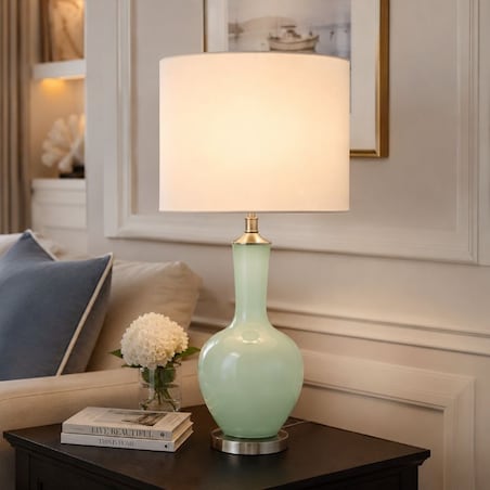 Lampa seledynowa na komodę w stylu hamptons z białym abażurem NANKIN