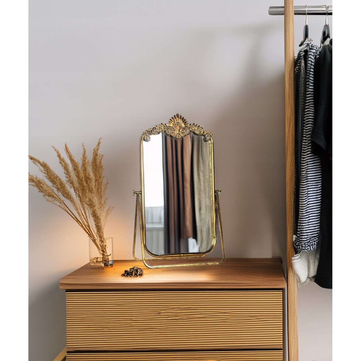 LUSTRO STOJĄCE NA TOALETKĘ DO MAKIJAŻU ZŁOTE RETRO UCHYLNE LUSTERKO 58cm