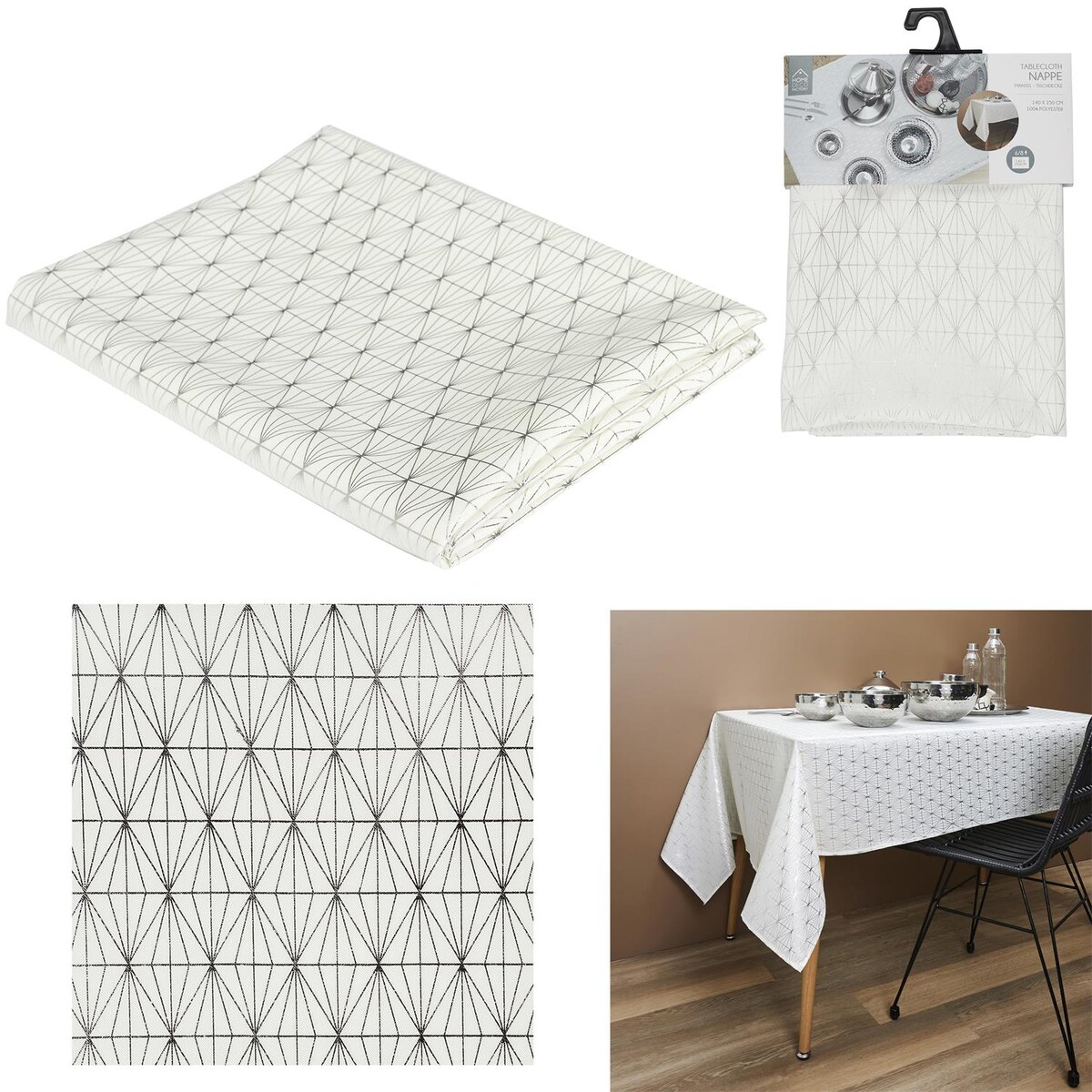 OBRUS 140x250 cm Geometric Dore biały W SREBRNE WZORY