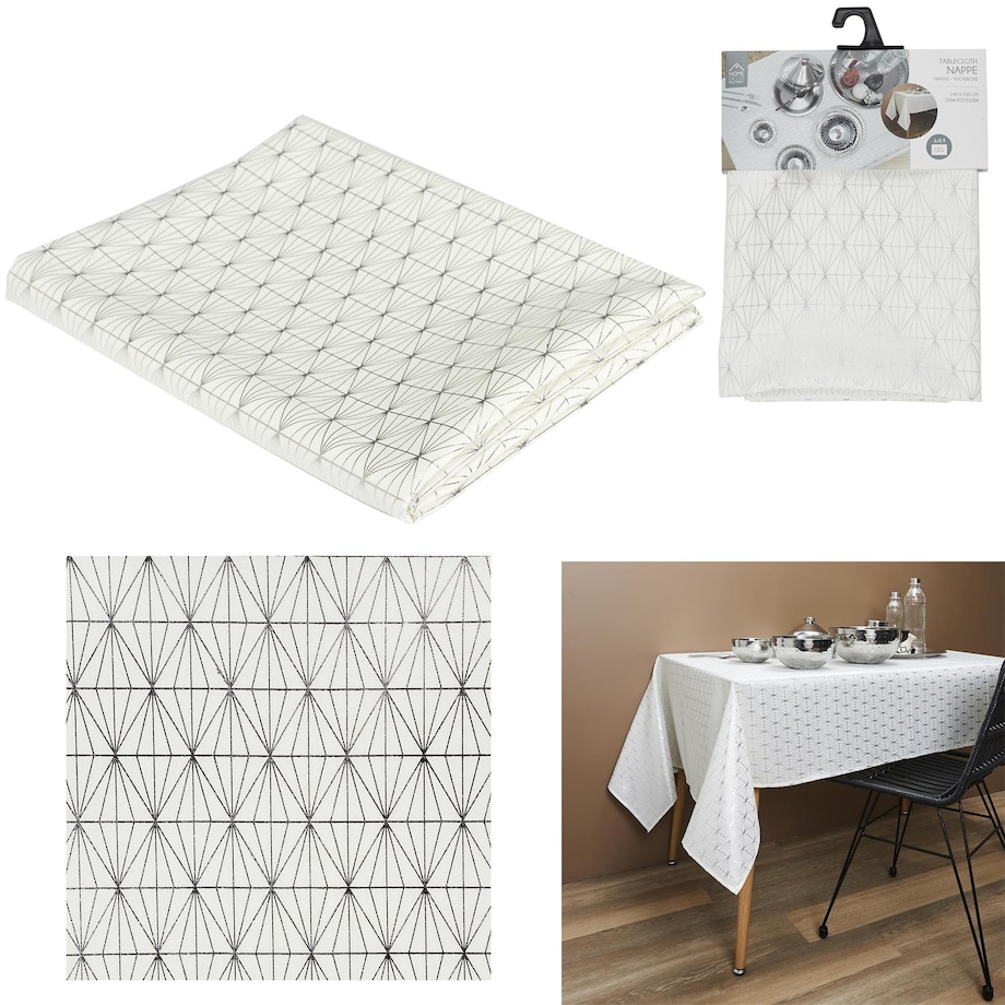 OBRUS 140x250 cm Geometric Dore biały W SREBRNE WZORY