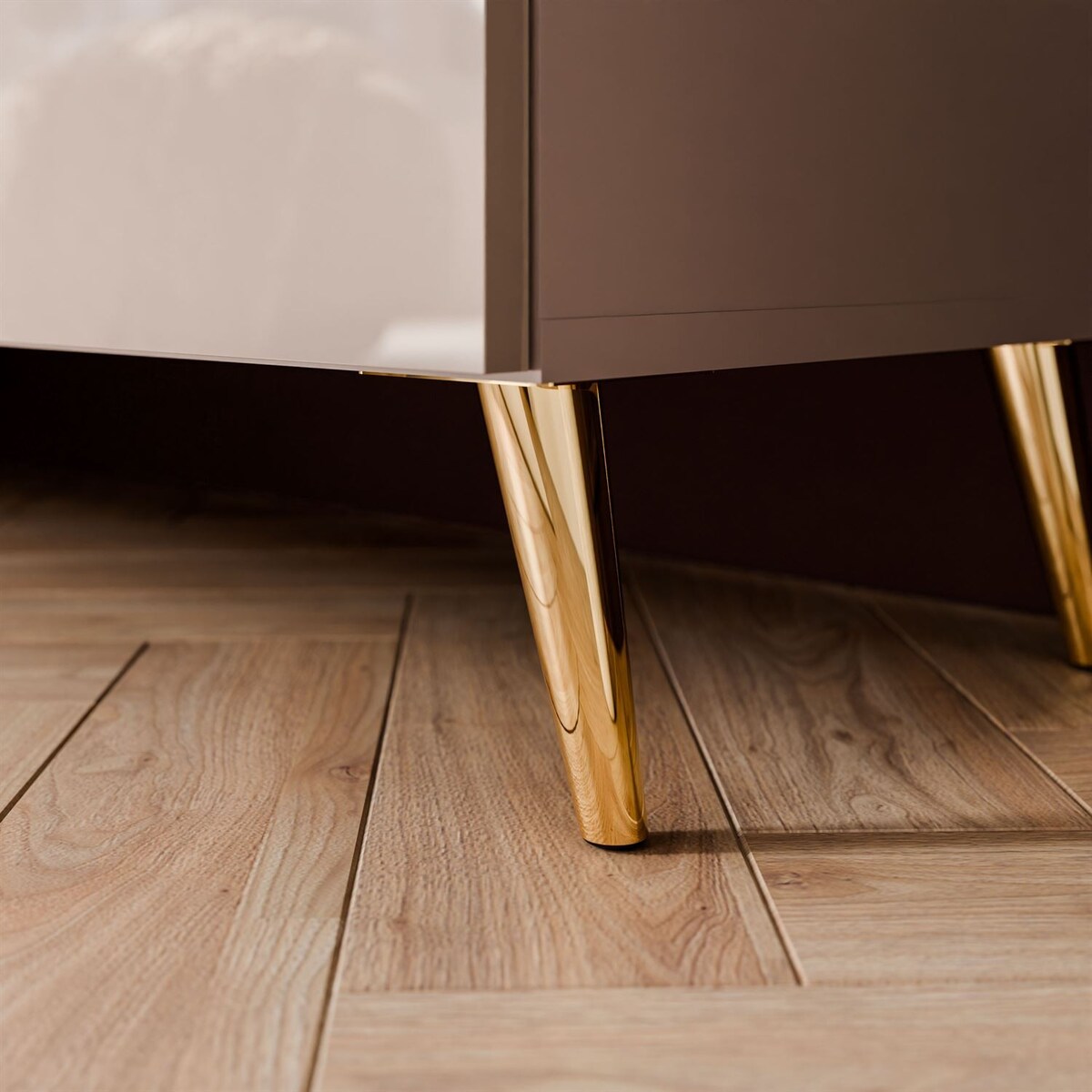 Szafka RTV COLGANTE 100 kaszmir wysoki połysk, oświetlenie LED, nóżki skośne złote