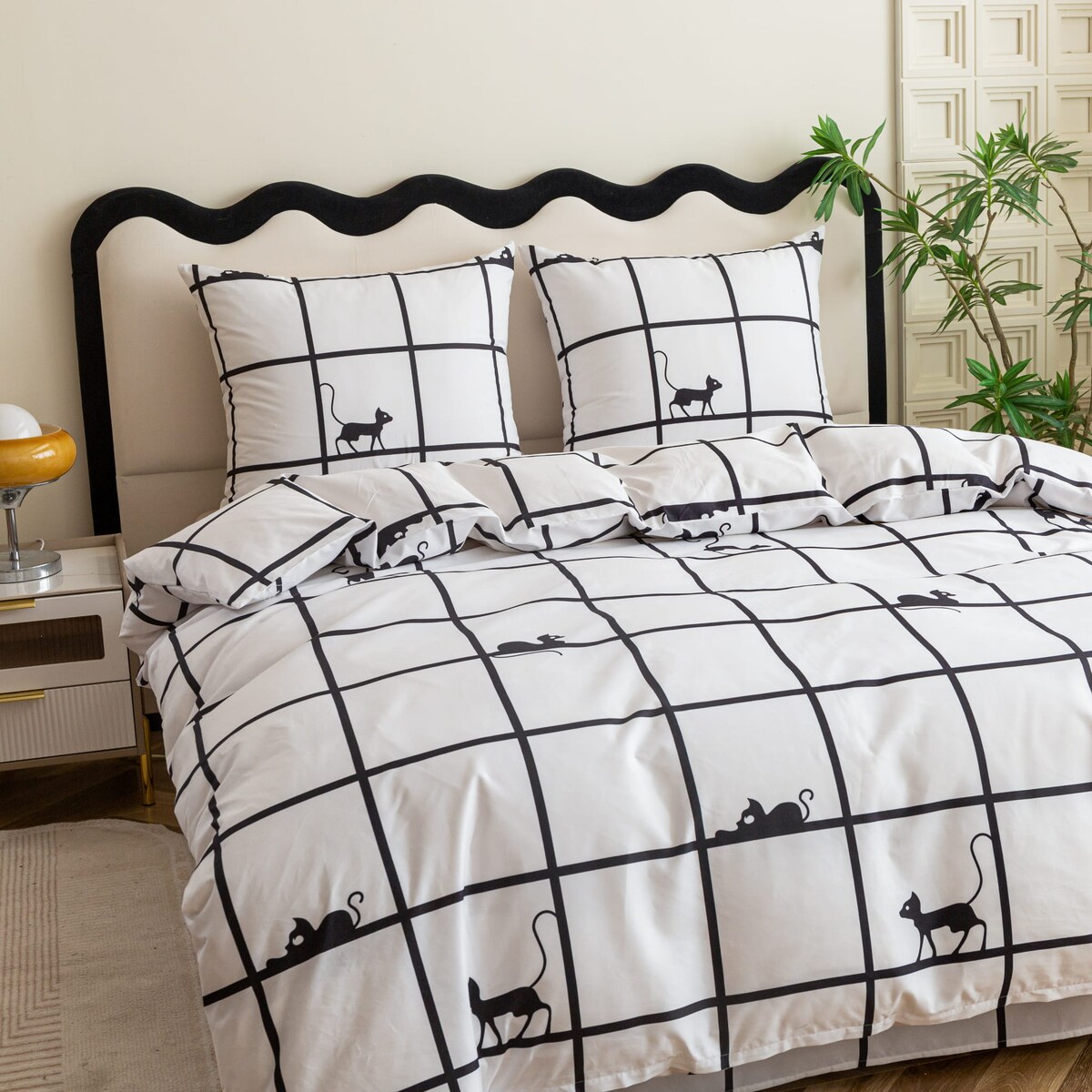Komplet Pościeli Dwuosobowej Krata Z Kotami 220X200 Z 2 Poszewkami 70X80