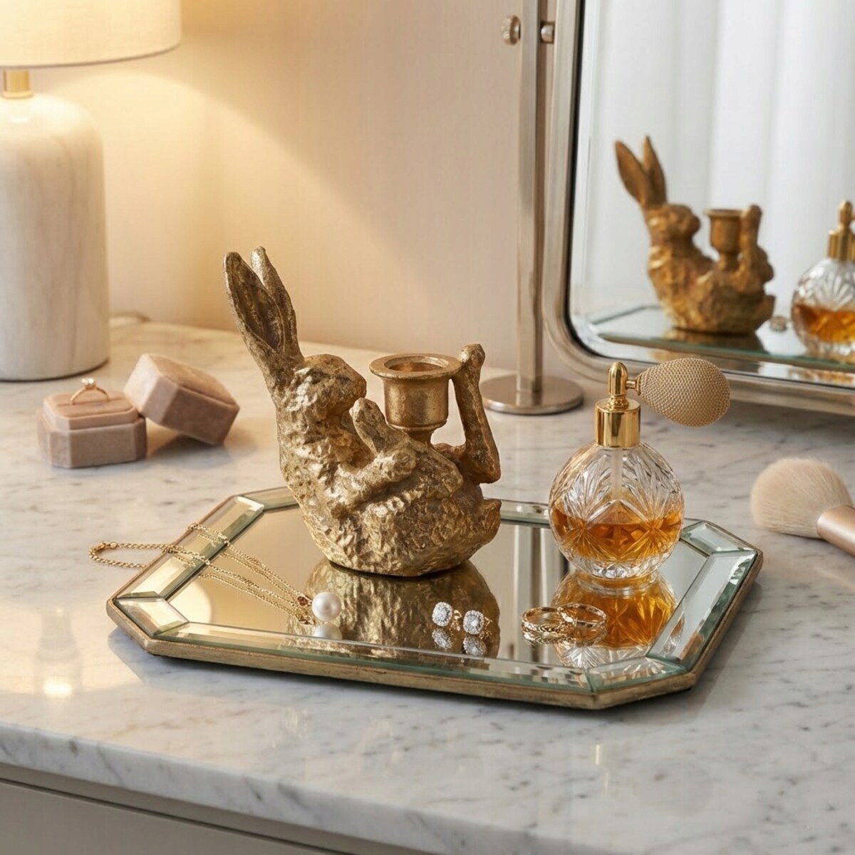 FIGURKA WIELKANOCNA ZAJĄC ŚWIECZNIK KANDELABR ZŁOTY WIELKANOCNY ZAJĄC