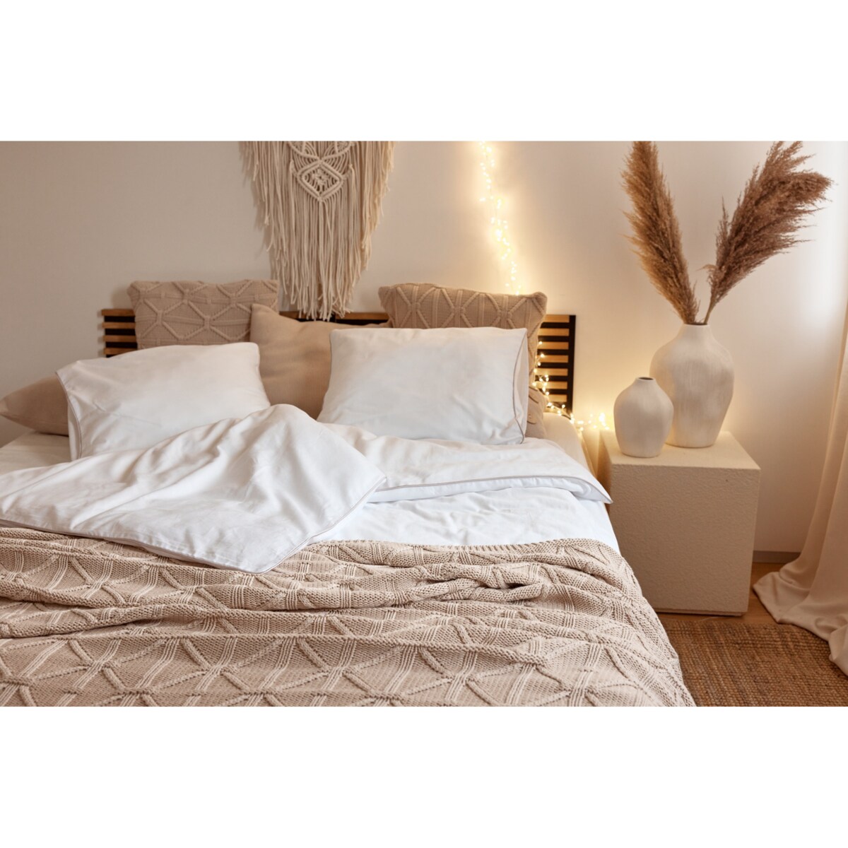 Pościel biała lamówka beżowa, 160 x 200 cm, La Manta