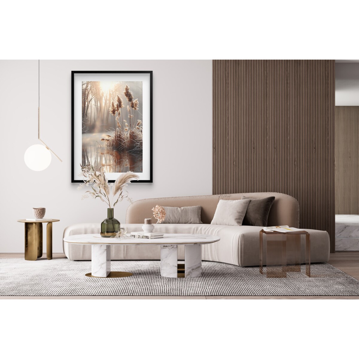 Beżowy Plakat z Trawą Obraz czarnej w ramie 50x70 Dekoracja do Salonu Biura