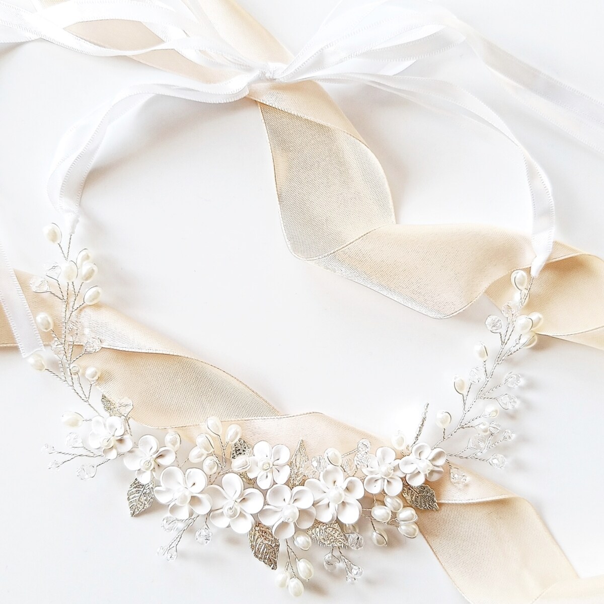 SREBRNY wianek na głowę damski kwiaty perły kryształki koraliki trend boho