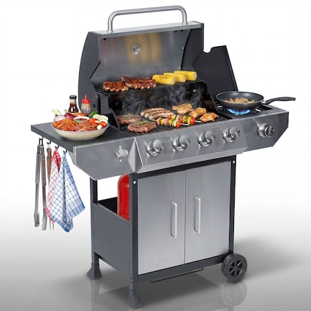 Grill gazowy ogrodowy Berdsen BD-896 żeliwny ruszt z pokrywą mocny 4+1 palniki termometr