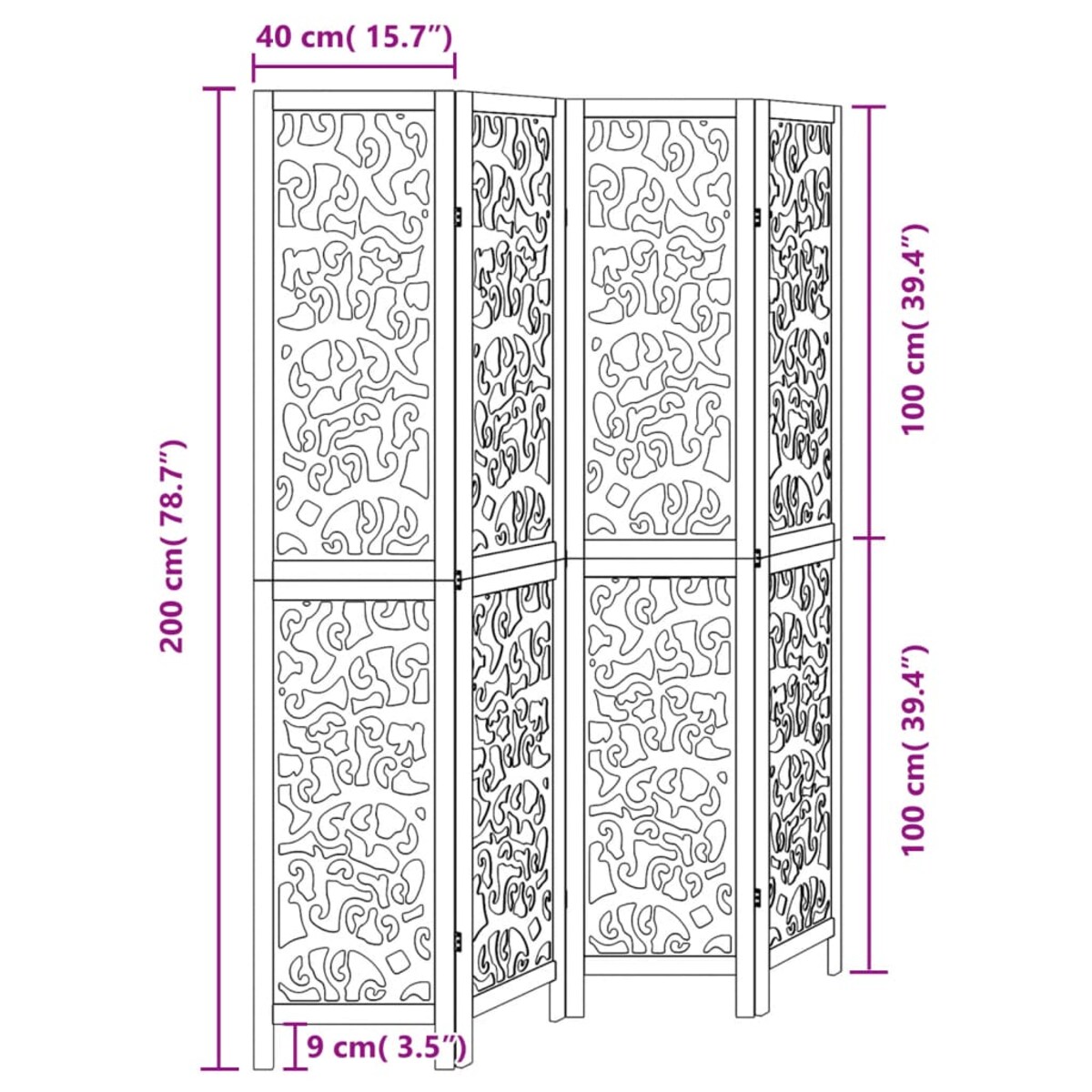vidaXL Parawan pokojowy, 4-panelowy, czarny, lite drewno paulowni