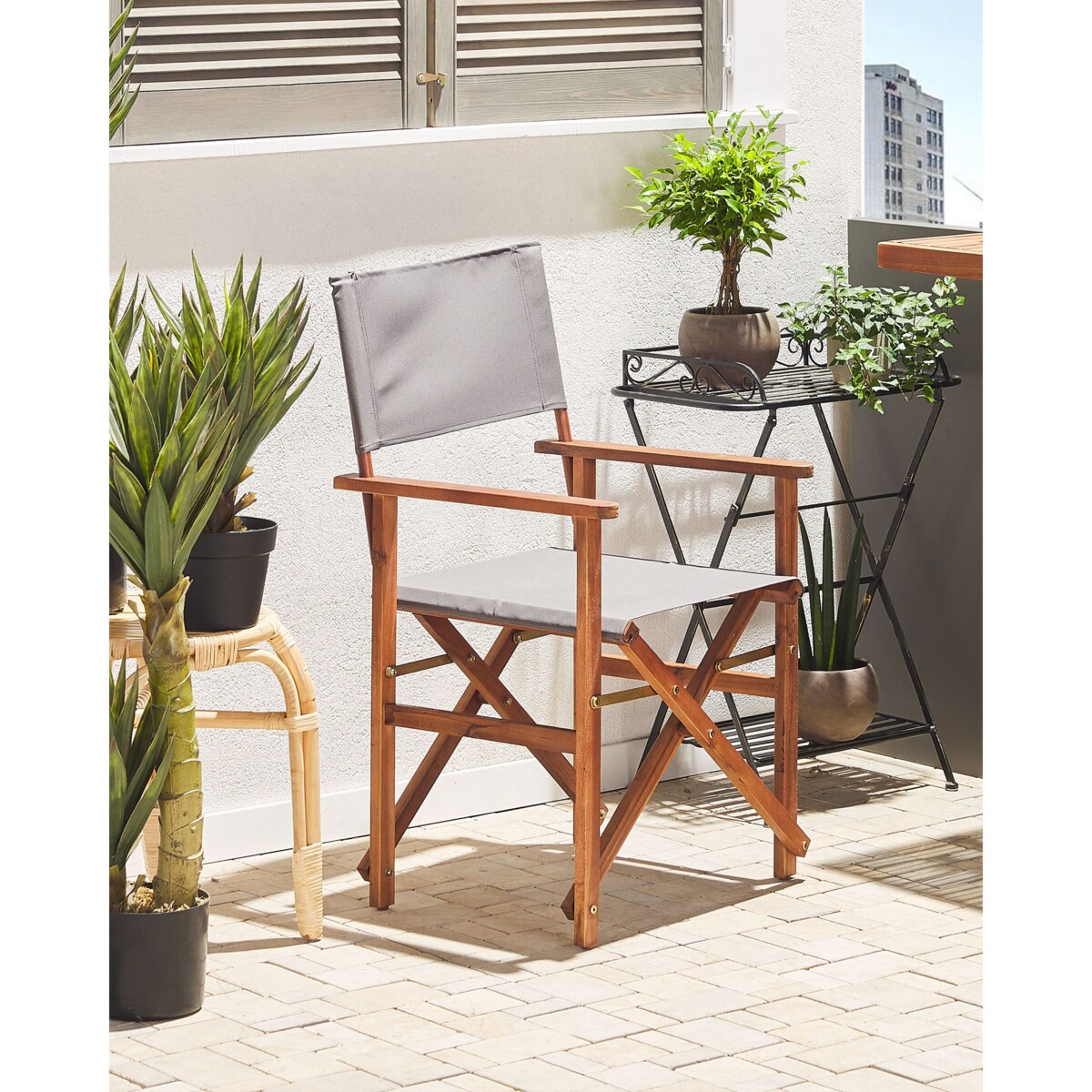 Zestaw 2 krzeseł ogrodowych akacjowy ciemne drewno z szarym / wzór w tukany CINE