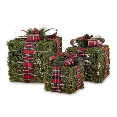 Dekoracja LED - 3 szt. 30x27, 25x22, 12x16 cm pudełek z czerwoną kraciastą wstążką