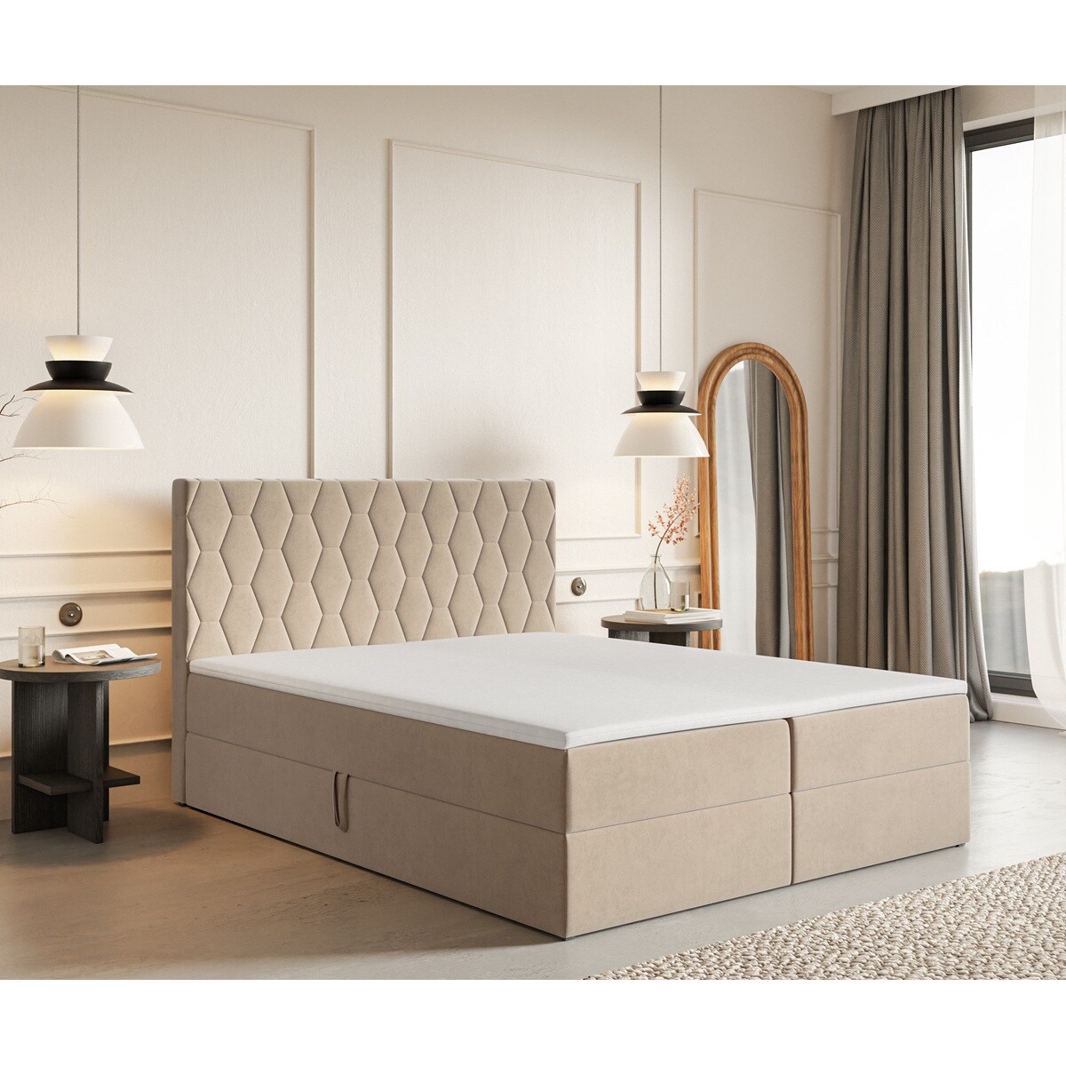 Łóżko kontynentalne G8 do sypialni 140x200 z pojemnikiem i materacem- beżow