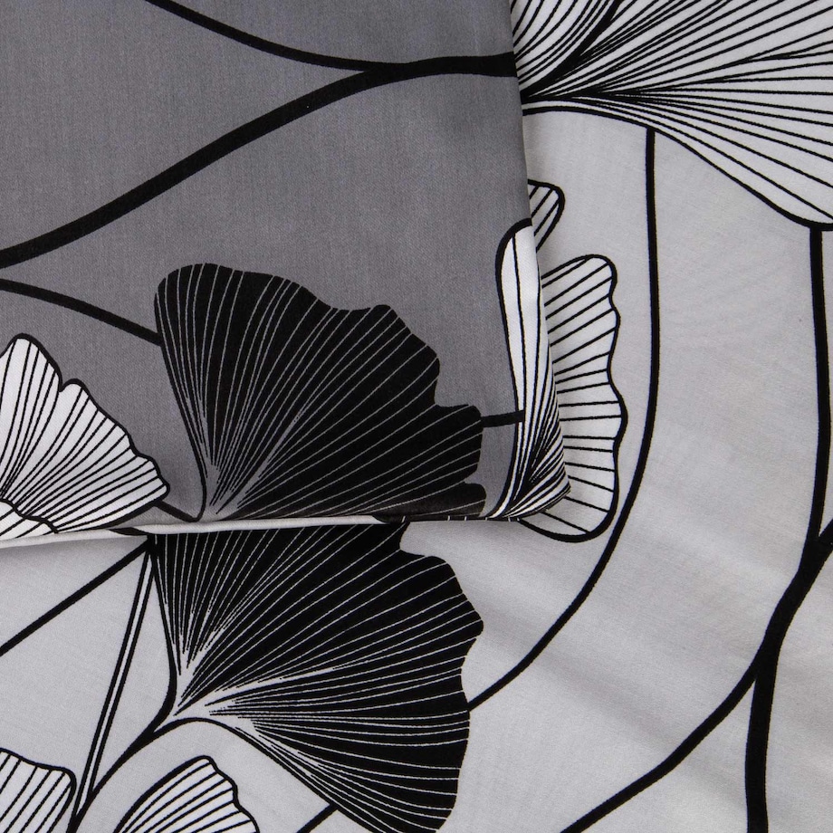 Pościel satyna bawełniana 160x200 Exclusive Cornelia biała w biało-czarne liście miłorzębu