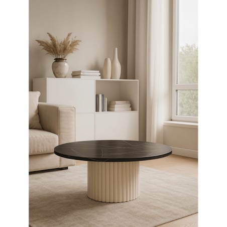 Stolik kawowy Riko okrągły blat 75 cm - marmur czarny/ podstawa kaszmir