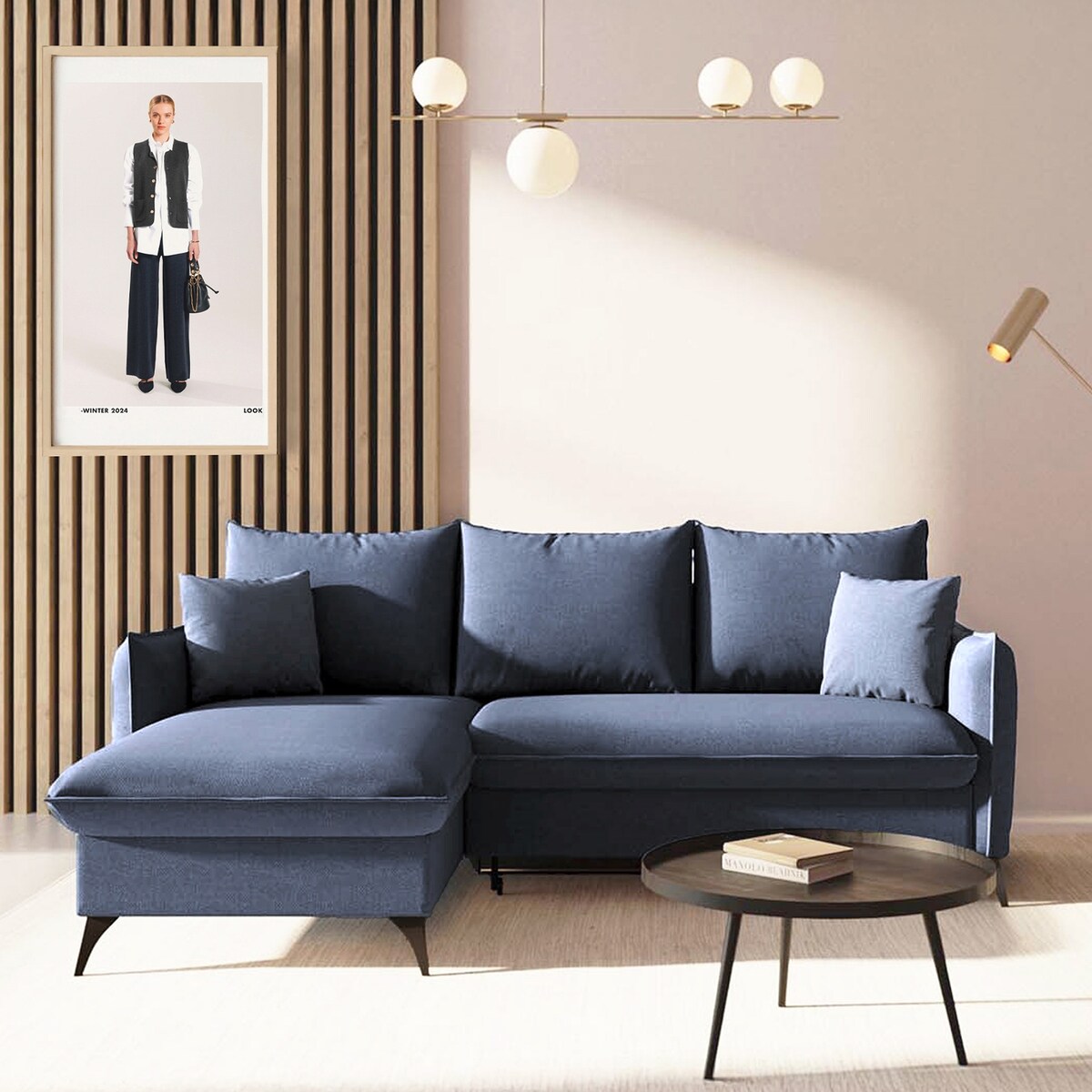 Brim Sofa narożna lewa z funkcją spania i pojemnikiem lewa granatowa