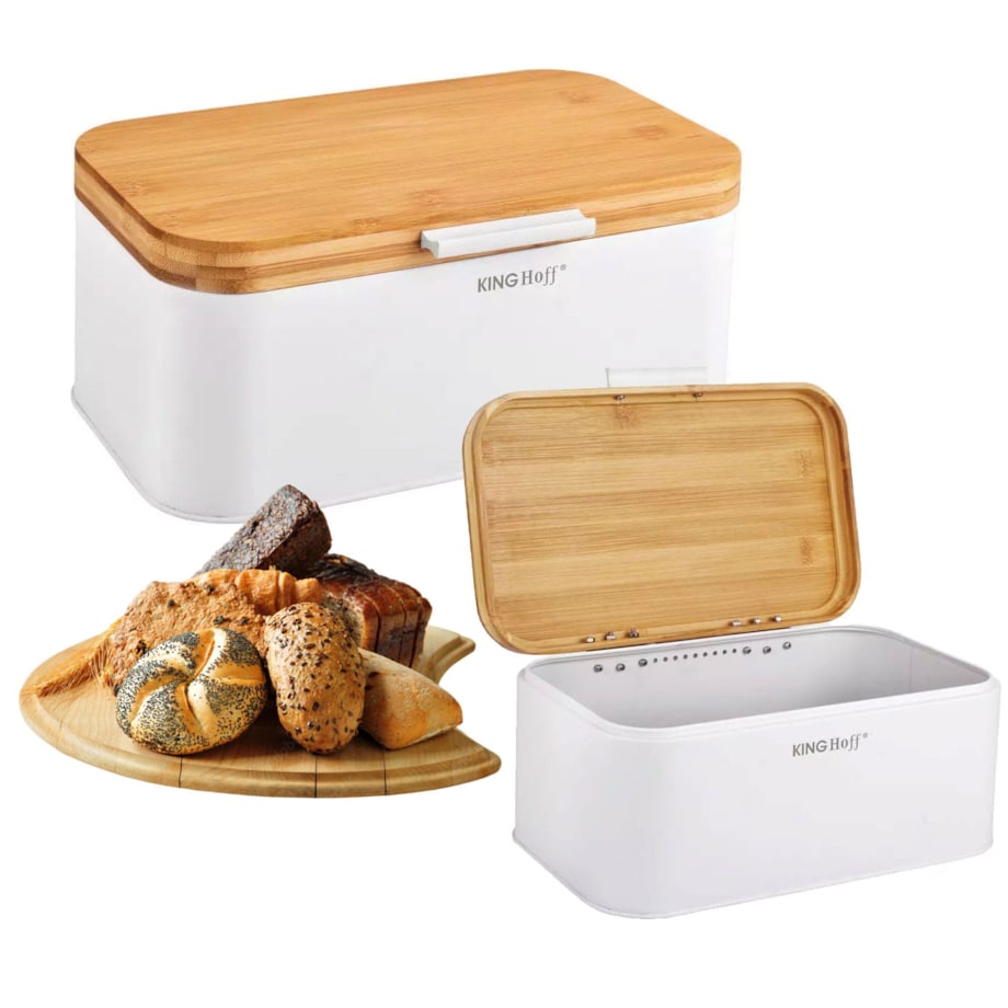Chlebak stalowy z pokrywą bambusową pojemnik biały KINGHOFF