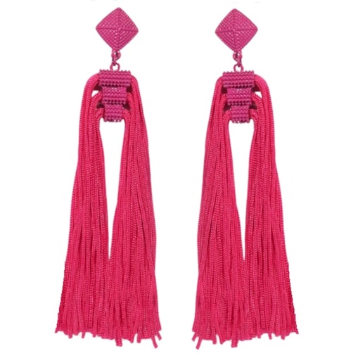 Kolczyki długie FUKSJA frędzle chwosty nitki sznurki wiszą zjawiskowe róż