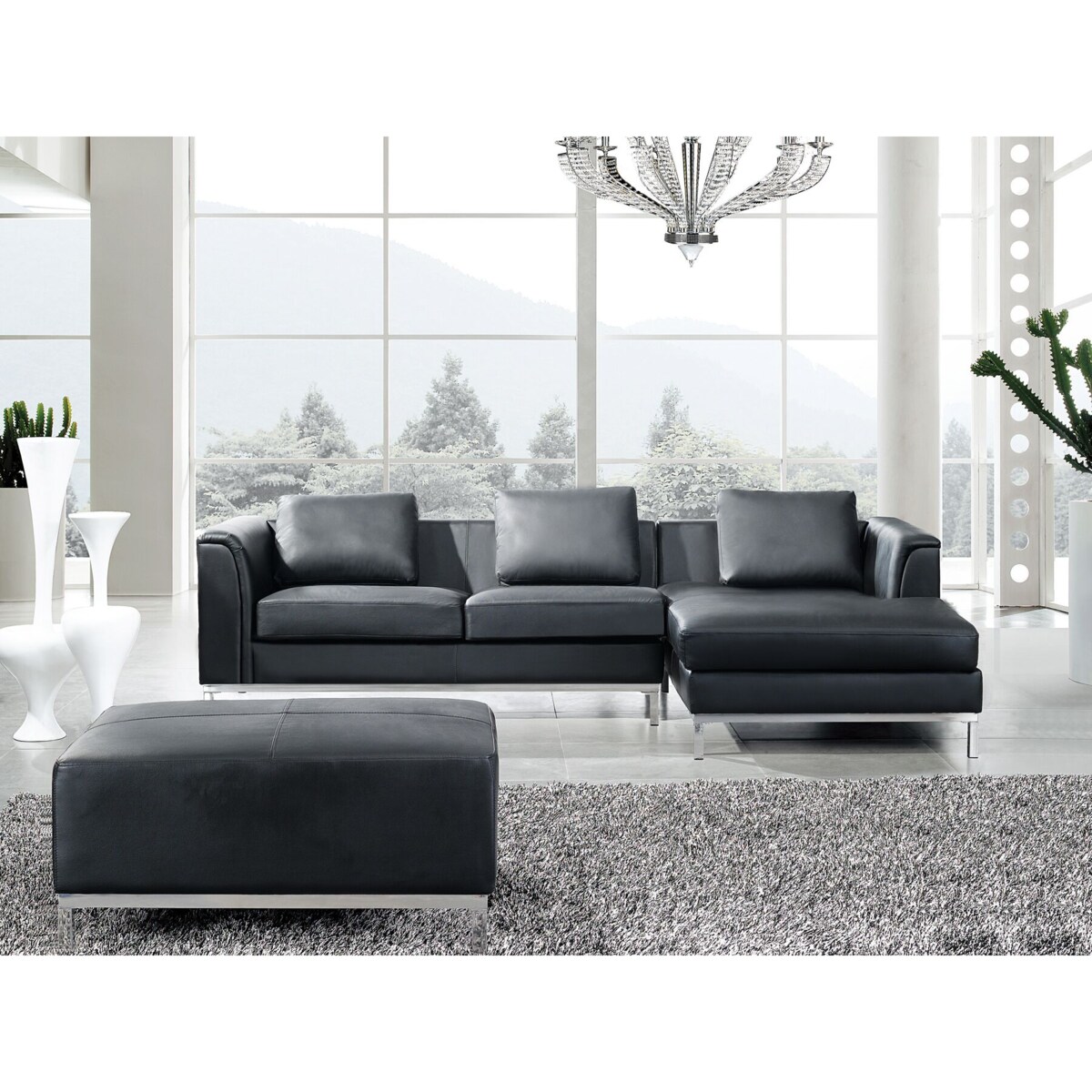 Narożnik z otomaną 5-osobowy skórzany lewostronny czarny OSLO