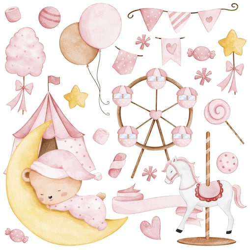 Naklejki Ścienne Dla Dzieci Misiu Na Księżycu Słodycze Balony Cyrk ZESTAW 120x60cm